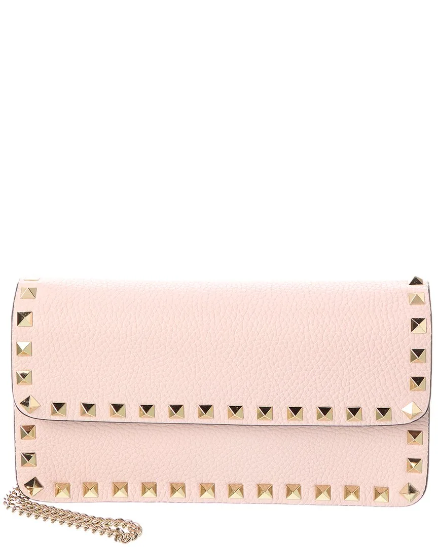 Rockstud Grainy Leather Wallet on Chain