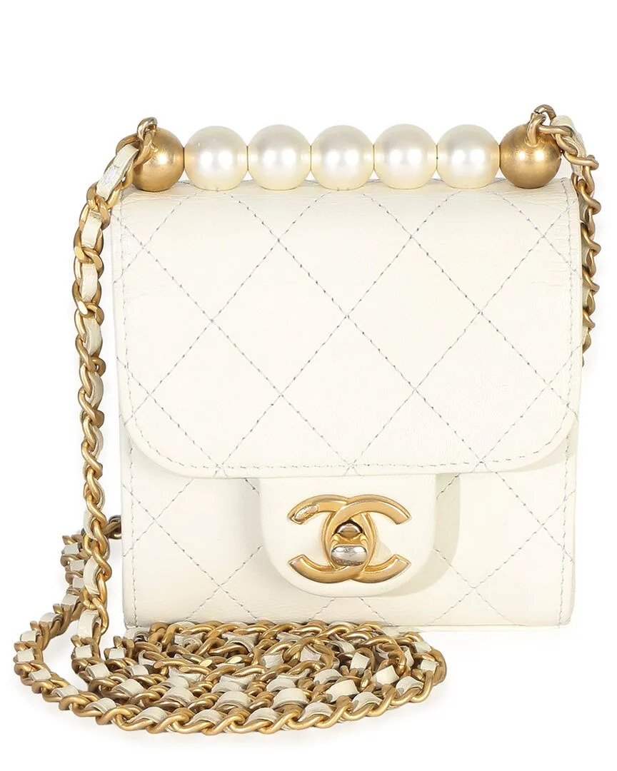 White Quilted Lambskin Quilted Chic Pearls Clutch on Chain (authentic Pre-Loved) by CHANEL