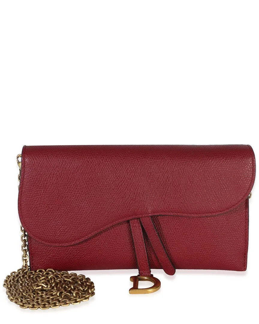 Christian Dior Red Grained Calfskin Saddle Chain Wallet Pouch (authentic Pre-Loved)