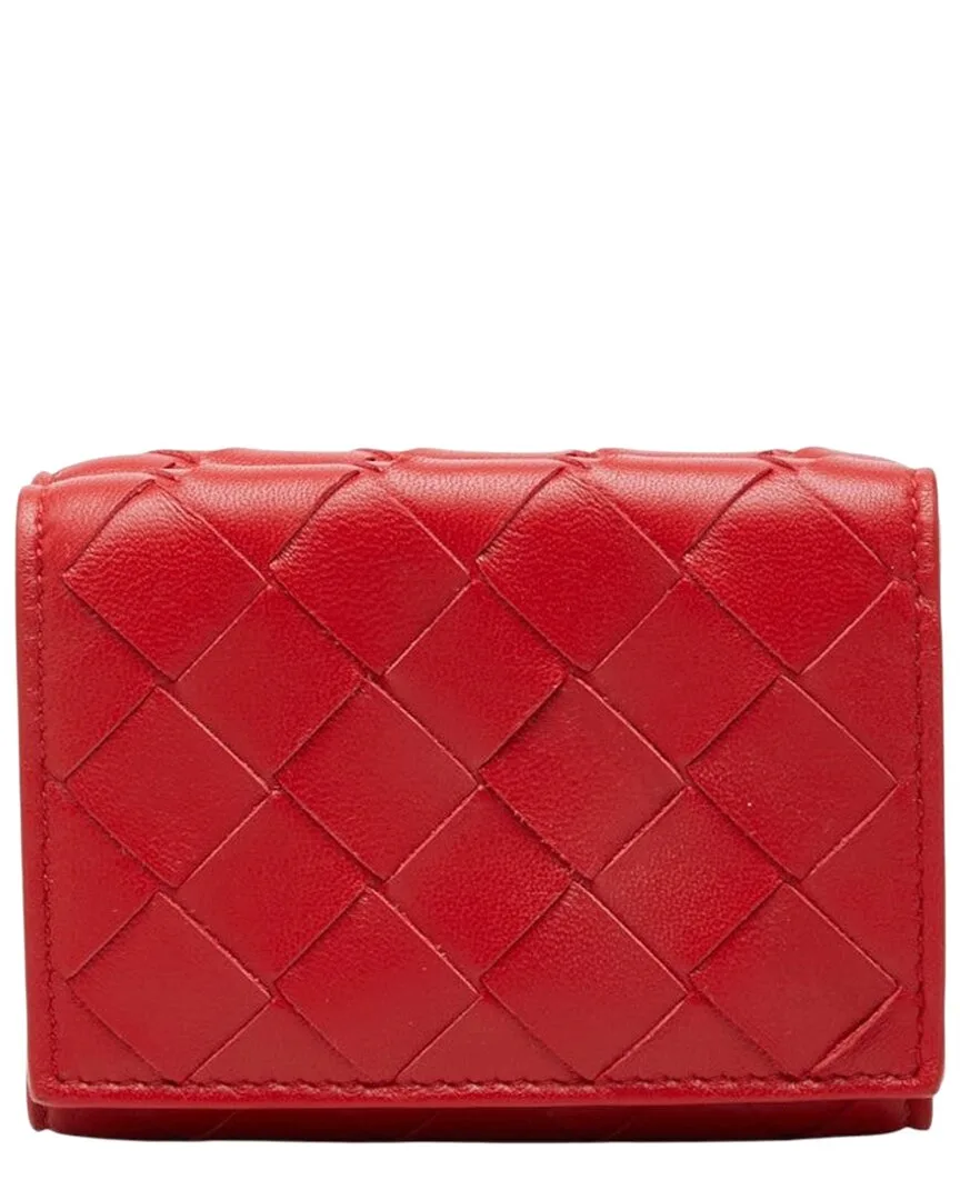 Red Intrecciato Leather Compact Trifold Wallet (authentic Pre-Loved) by Bottega Veneta