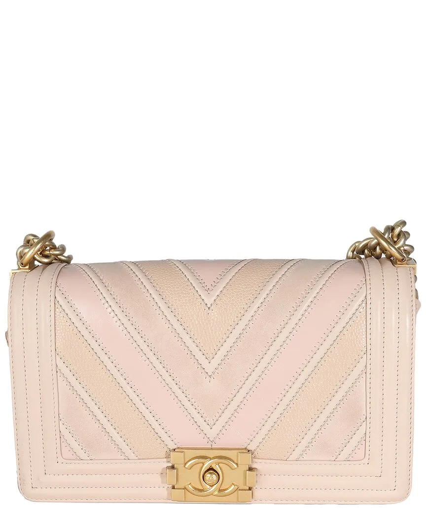 Beige & Pink Caviar Leather, Suede & Calfskin Chevron Medium Boy Handbag (authentic Pre-Loved)