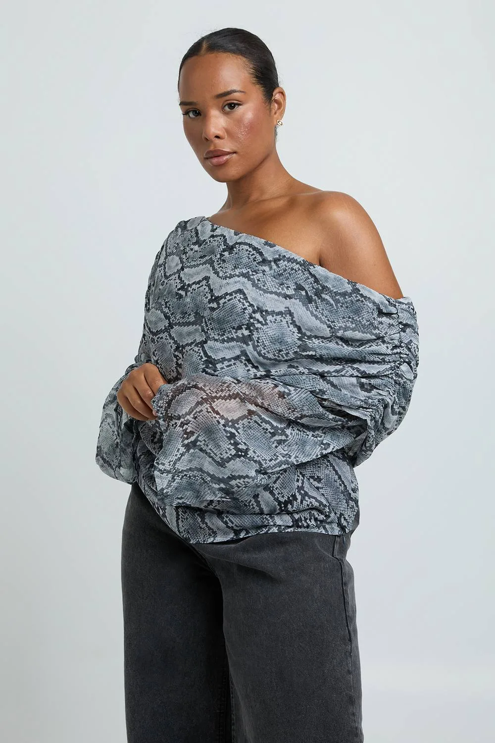 Plus Chiffon Snake Bardot Sheer Blouse by boohoo