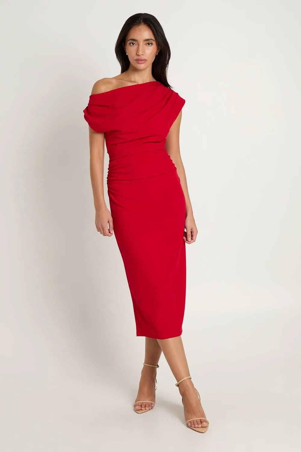 Crepe Asym Neck Drape Midi Dress