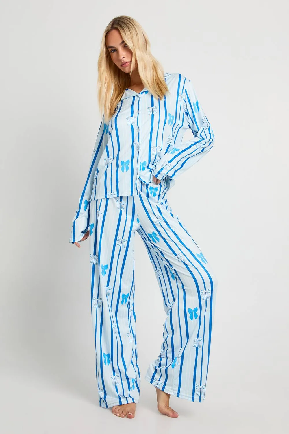 Bow Print Long Sleeve Shirt & Trouser Pyjama Set by boohoo