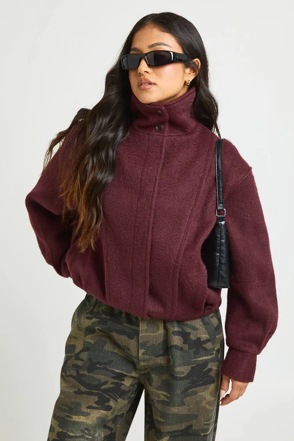 Textured Funnel Neck Wool Look Jacket by boohoo