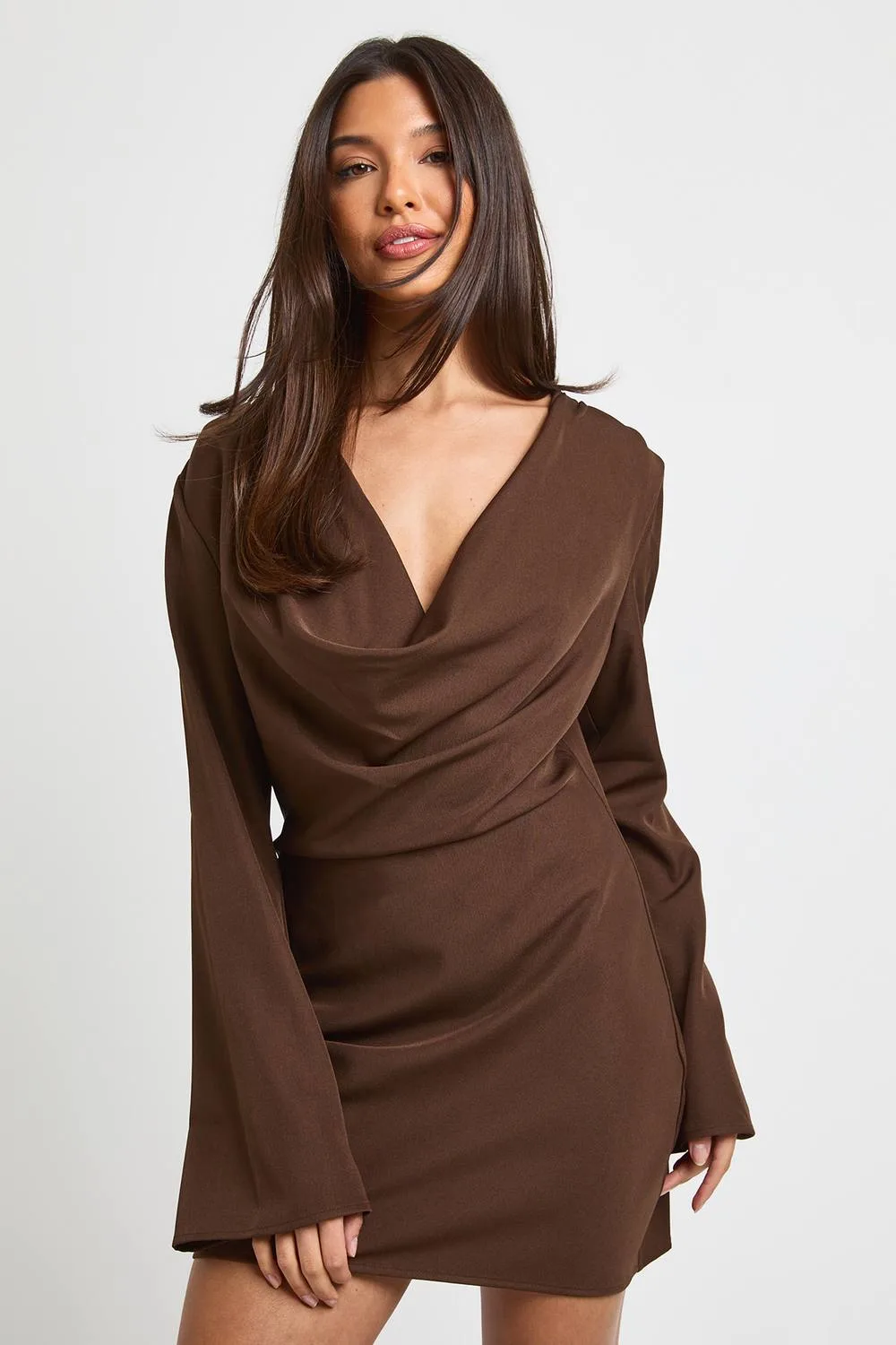 Cowl Neck Flare Sleeve Mini Dress