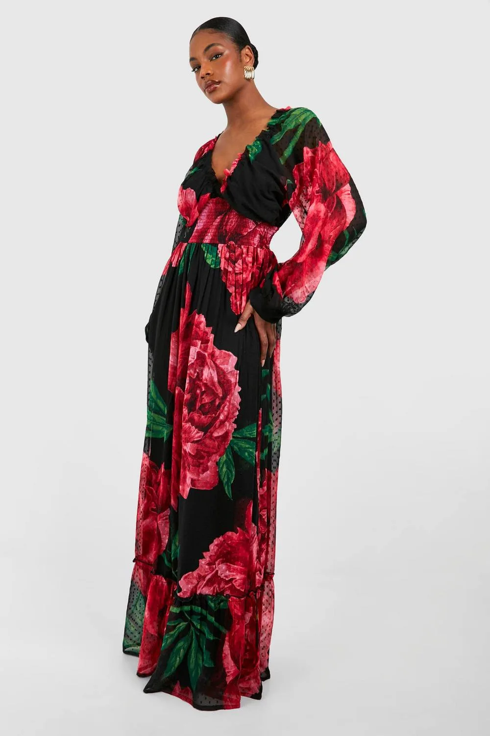 Tall Floral Print Dobby Shirred Maxi Dress by boohoo