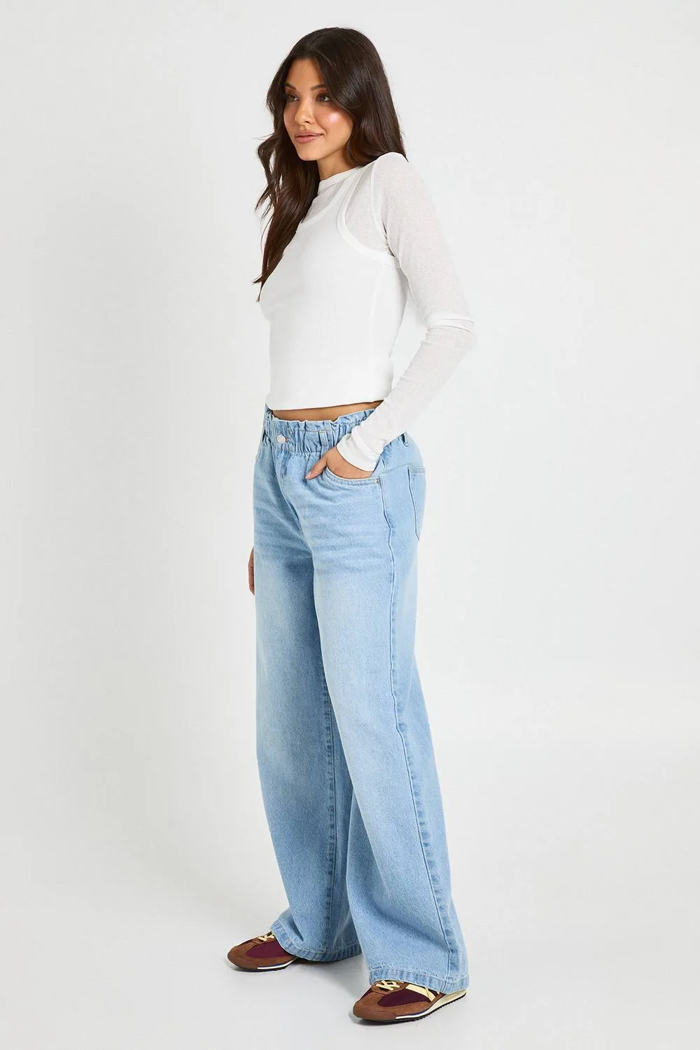 Elasticated Waistband High Waist Wide Leg in Bleach Wash - Size: 2 - Denim/Cotton/Polyurethane by boohoo