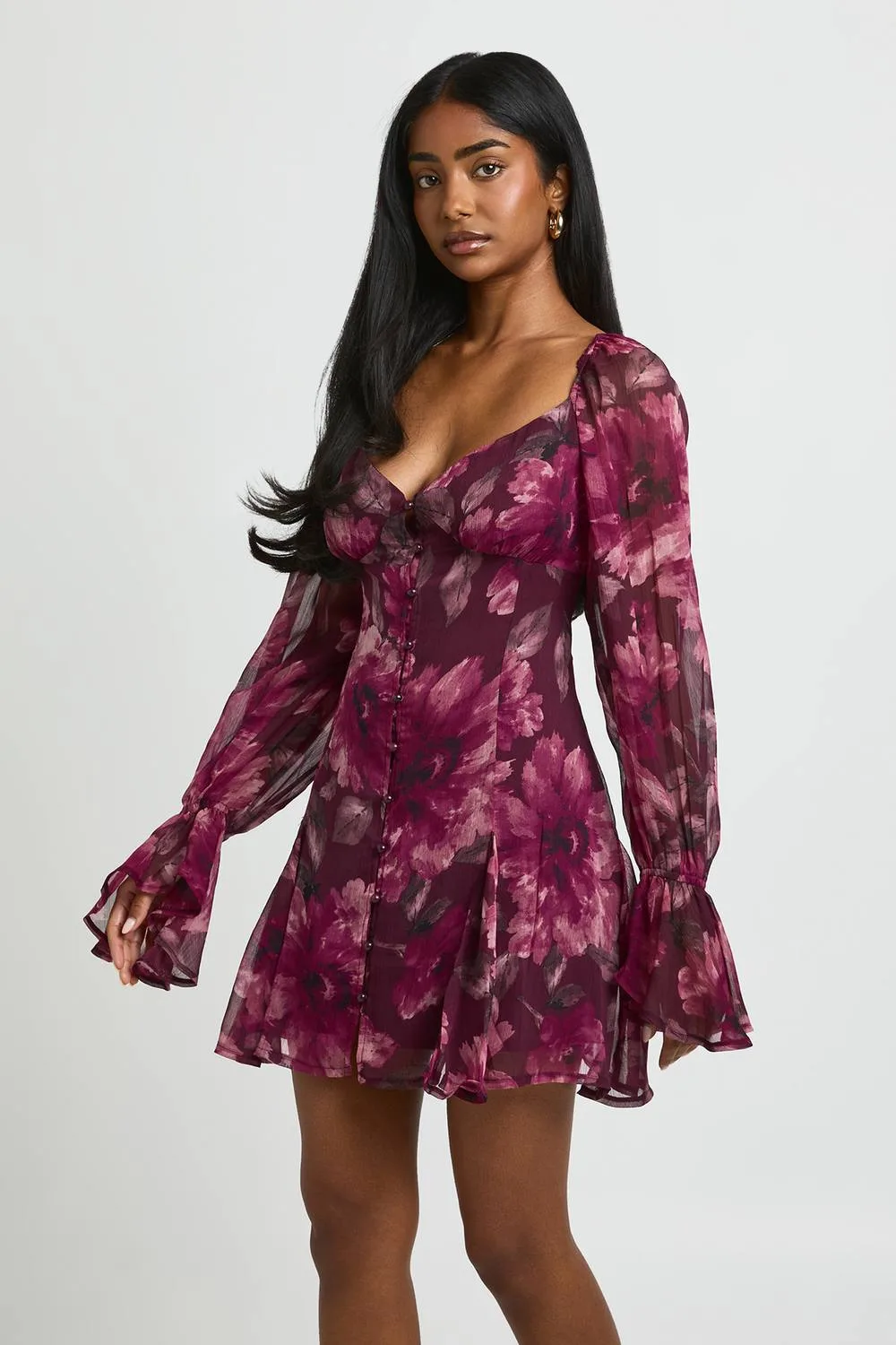 Textured Chiffon Floral Godet Hem Mini Dress by boohoo