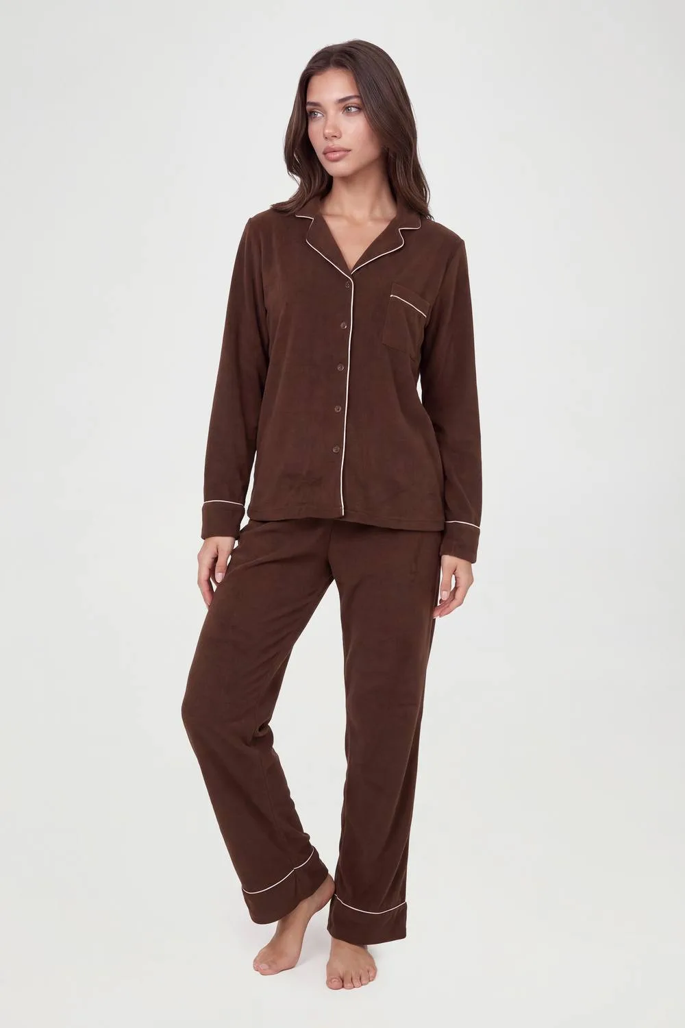 Baby Fleece Piping Detail Long Sleeve Shirt & Trousers Pyjama Set by boohoo