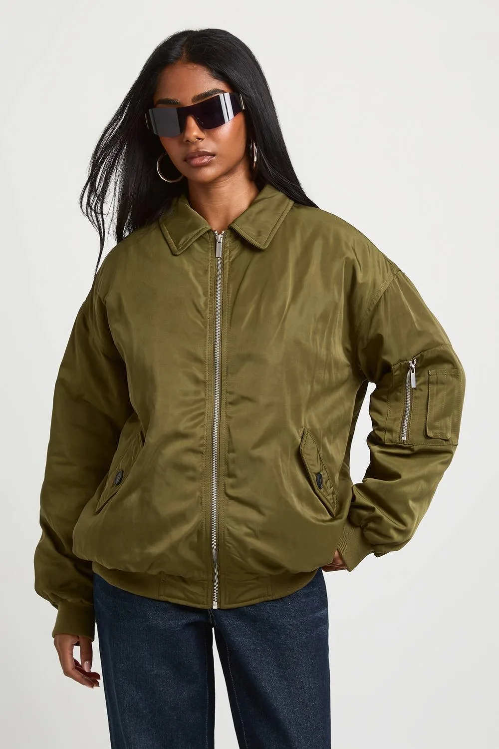 Oversized Bomber Jacket with Contrast Lining