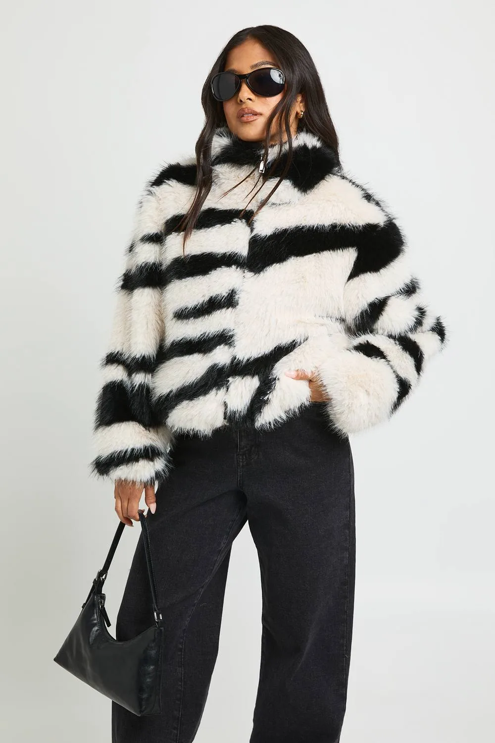 Zebra Print Faux Fur Funnel Neck Jacket by boohoo
