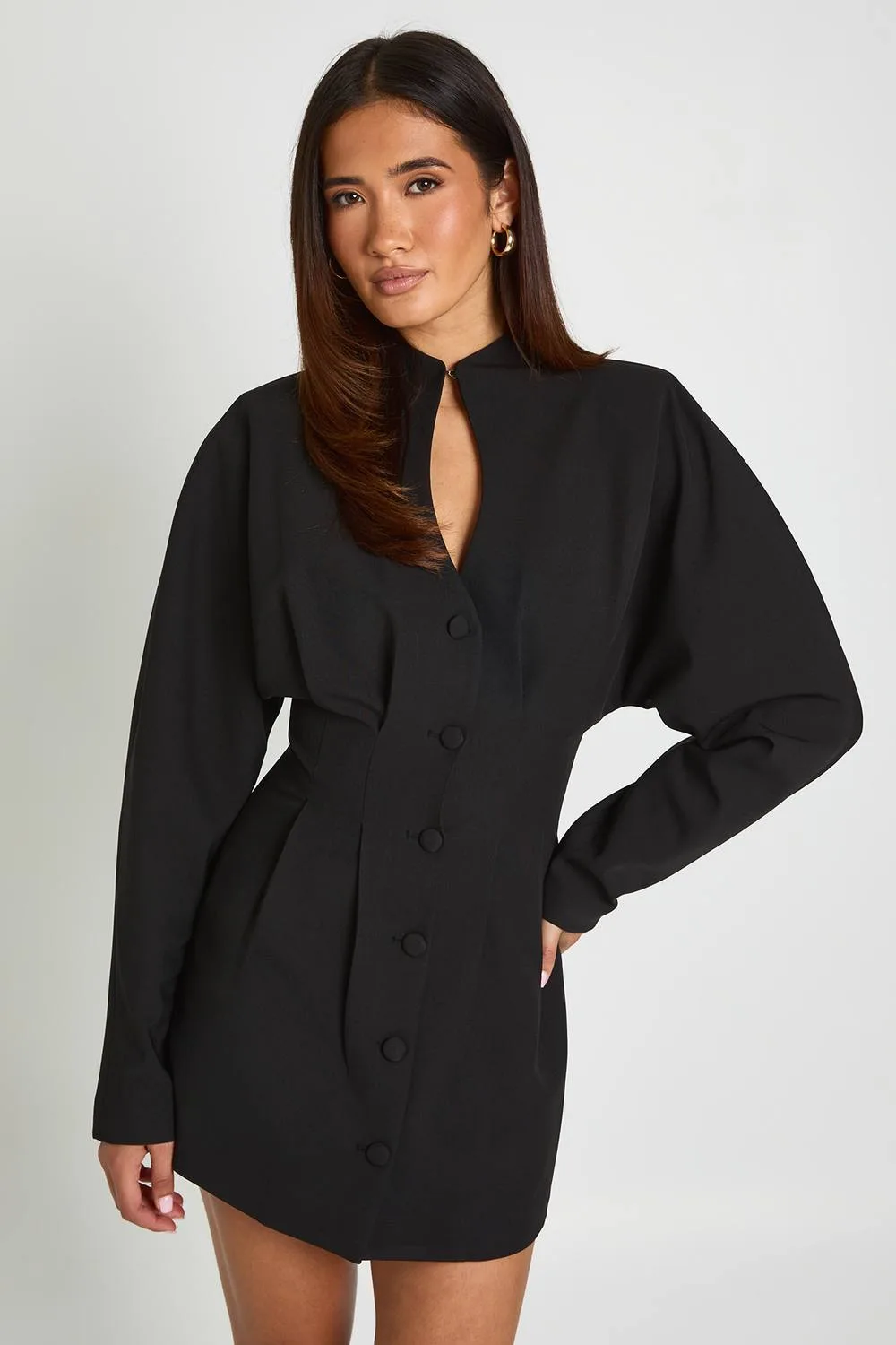 Plunge Front High Neck Tailored Mini Dress