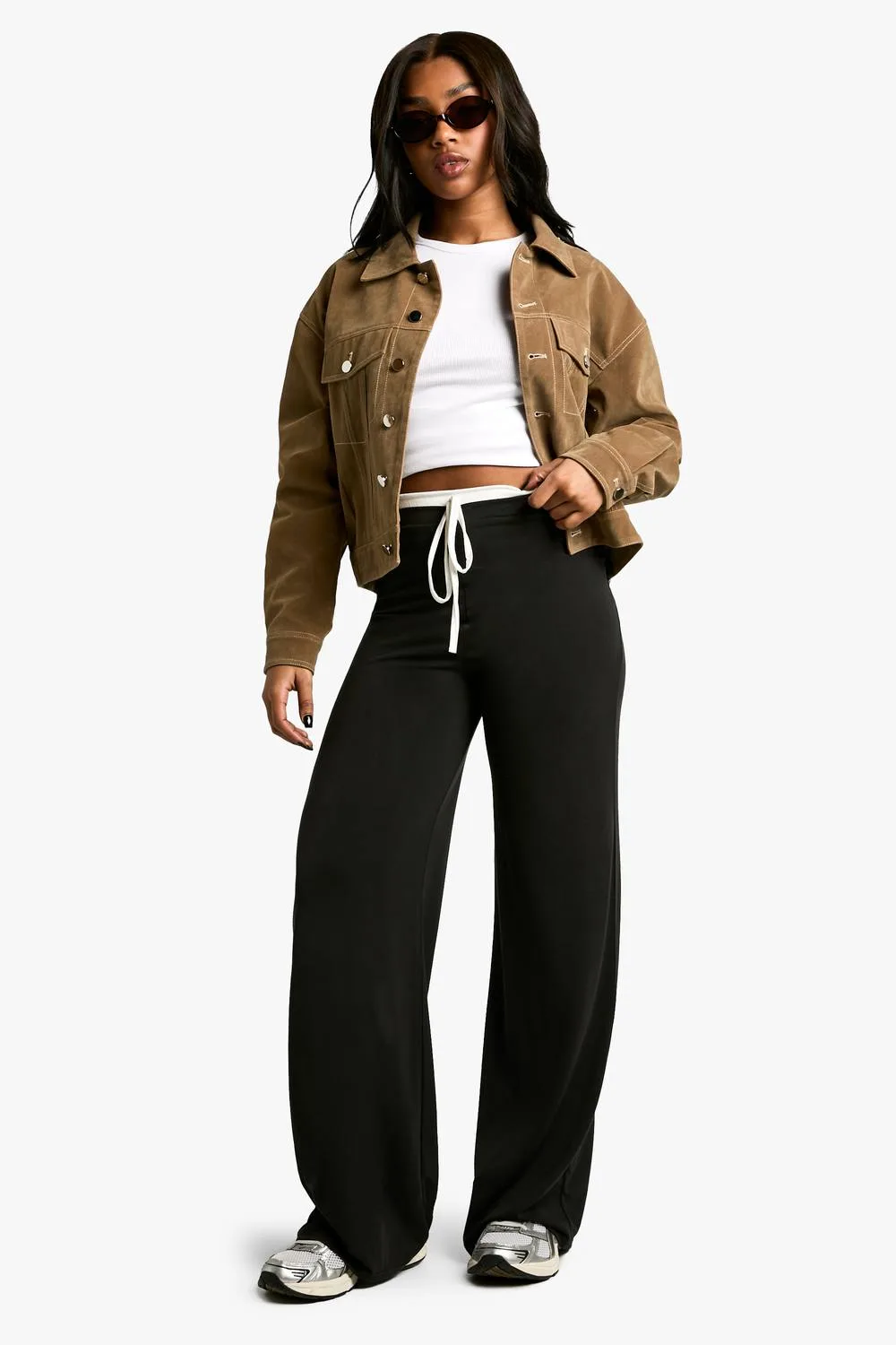 Peached Jersey Exposed Waistband Wide Leg Trouser by boohoo