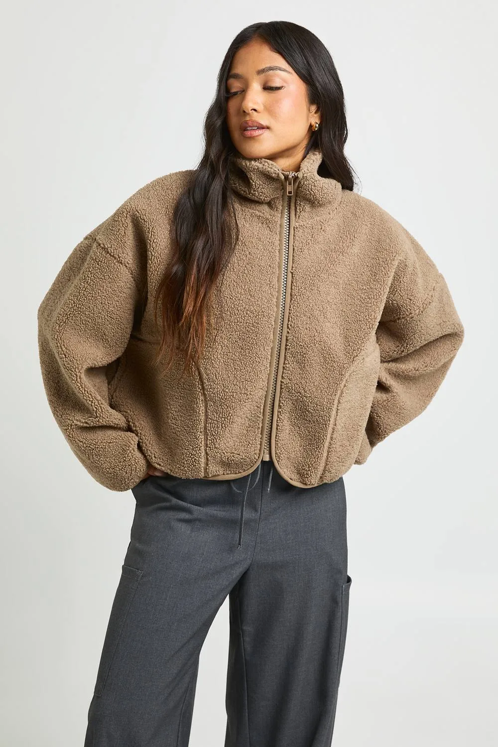 Funnel Neck Teddy Jacket by boohoo