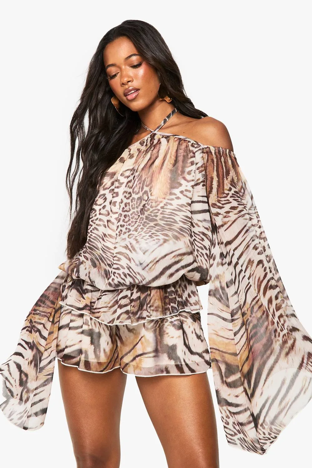Mixed Animal Print Chiffon Kimono Sleeve Playsuit by boohoo
