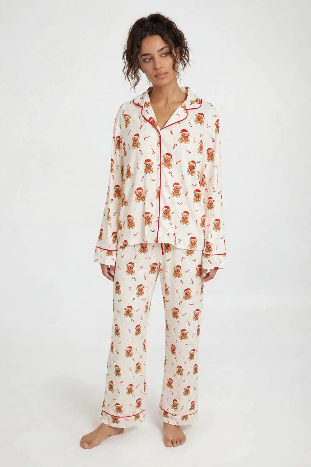 Christmas Bear & Candy Cane Print Piping Detail Long Sleeve & Trouser Pyjama Set