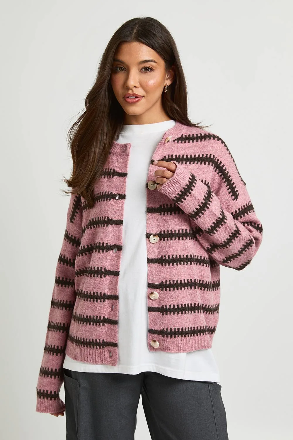 Super Soft Stripe High Neck Button Through Cardigan