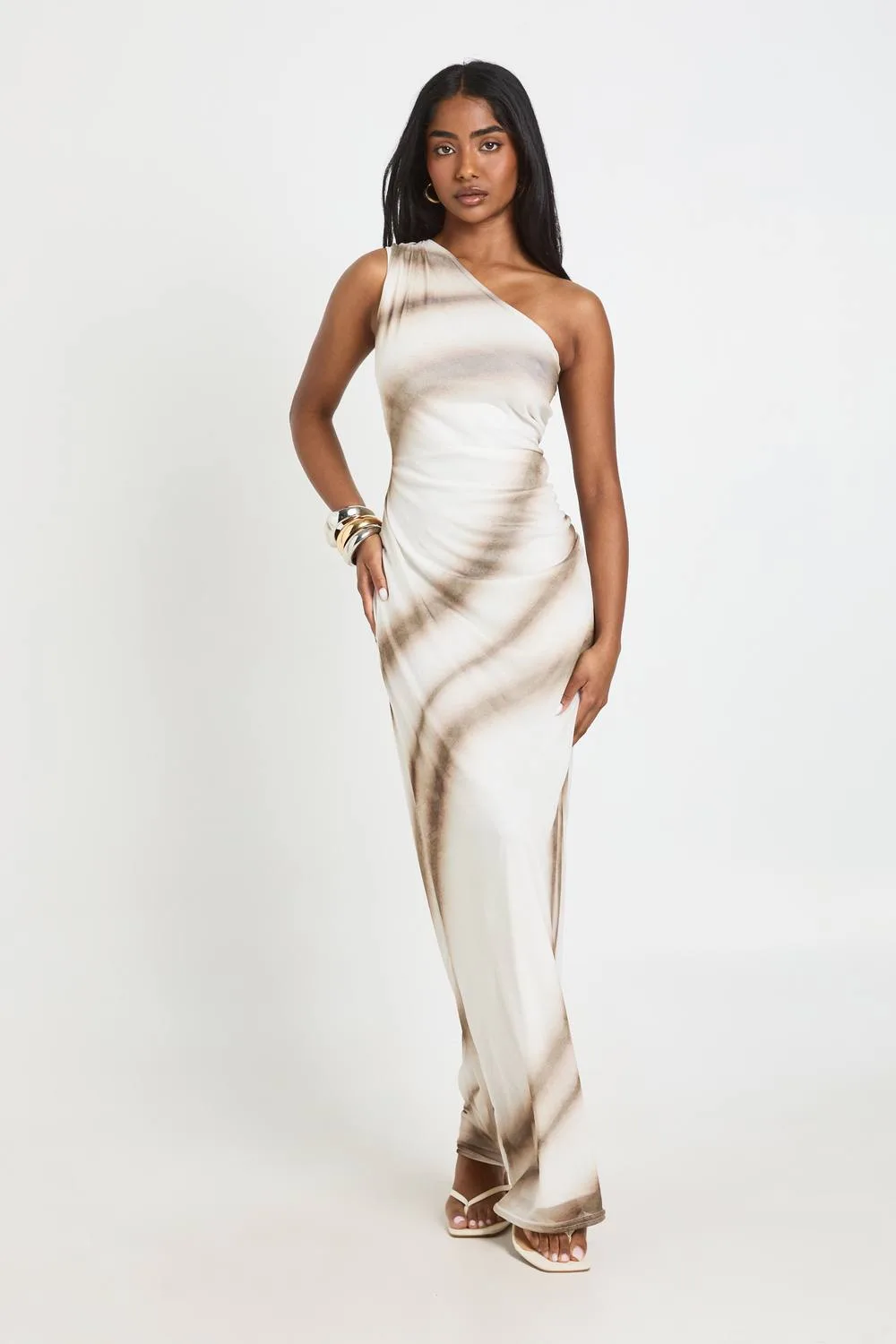 One Shoulder Printed Mesh Maxi Dress by boohoo