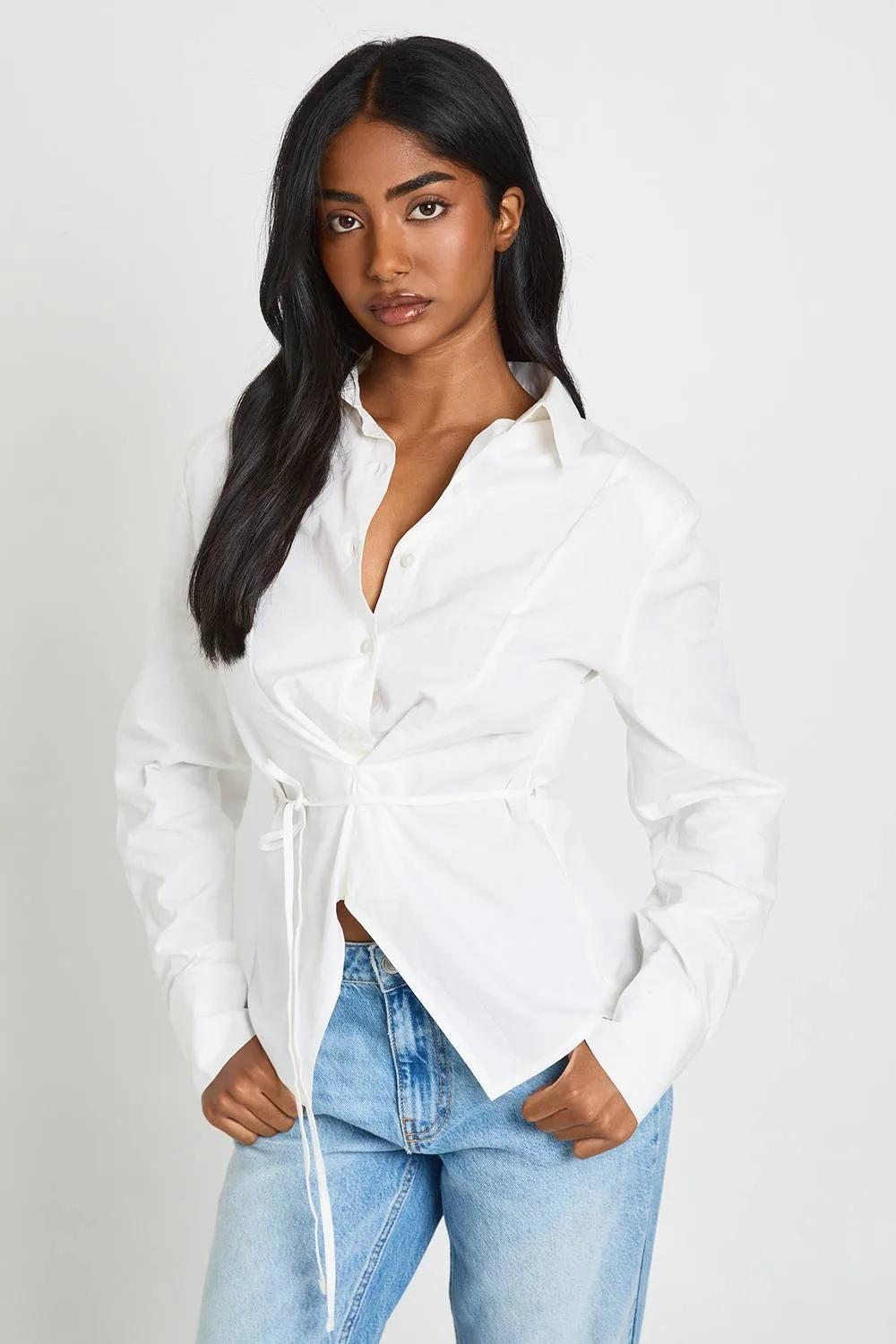 Shoulder Pad Tie Front Fitted Shirt by boohoo