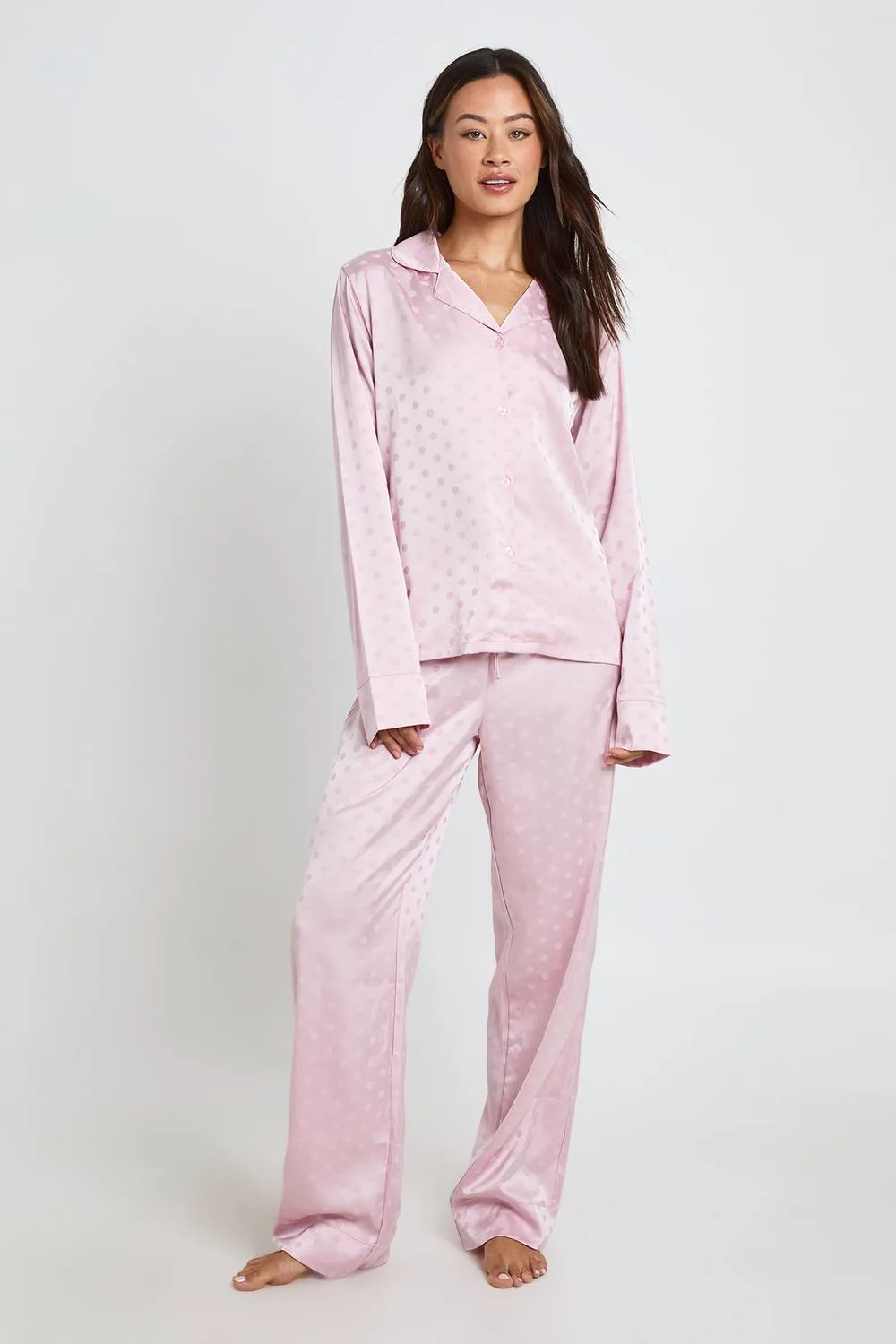 Polka Dot Jacquard Satin Long Sleeve Shirt & Trouser Pyjama Set by boohoo