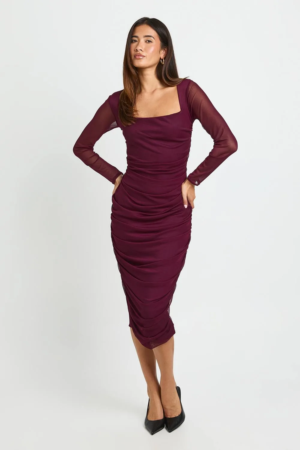 Square Neck Ruched Mesh Midi Bodycon Dress