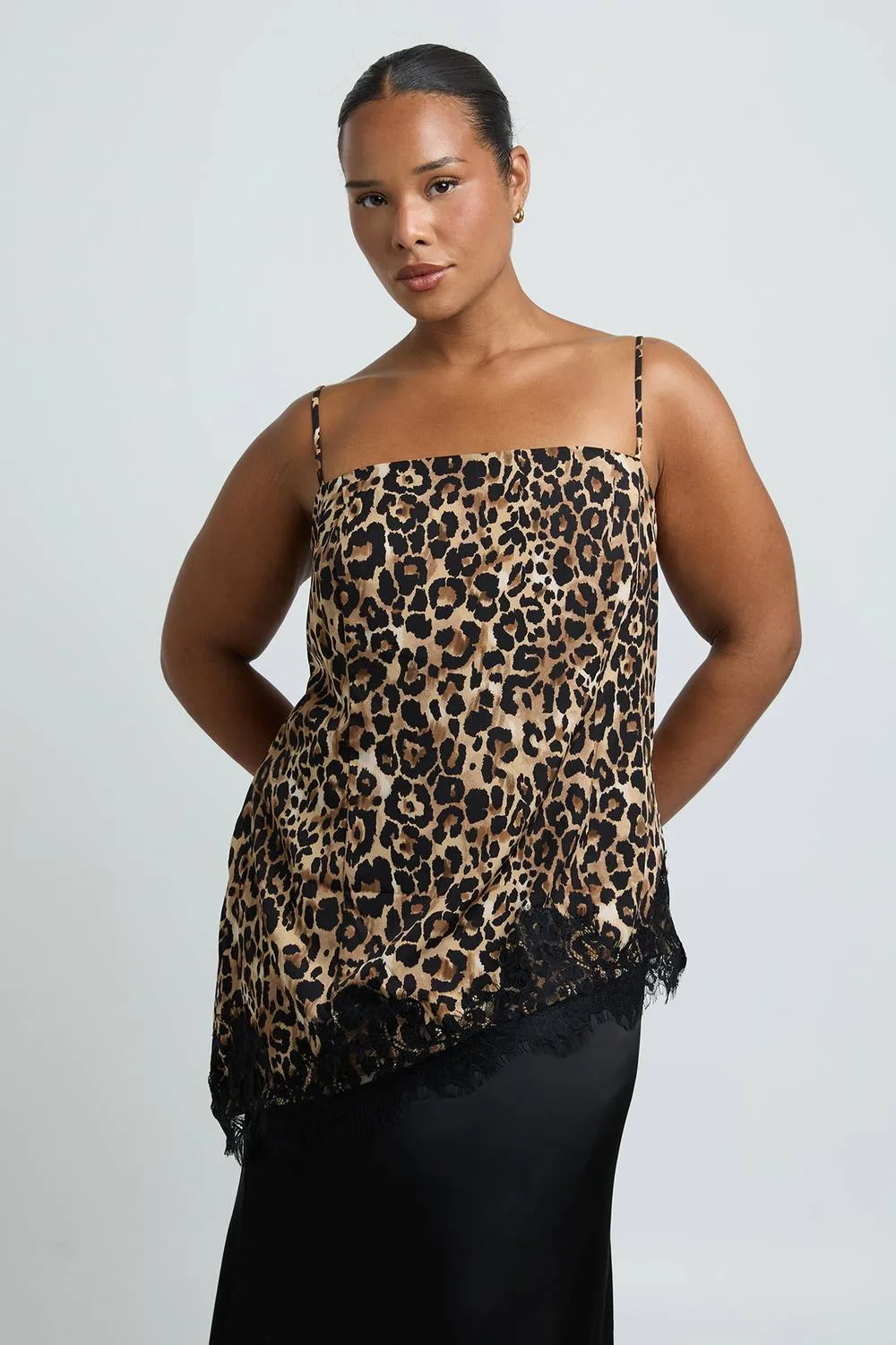 Woven Leopard Lace Hem Cami Top by boohoo