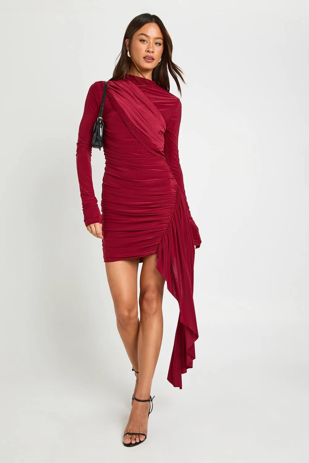 Ruched Long Sleeve Drape Detail Mini Dress by boohoo