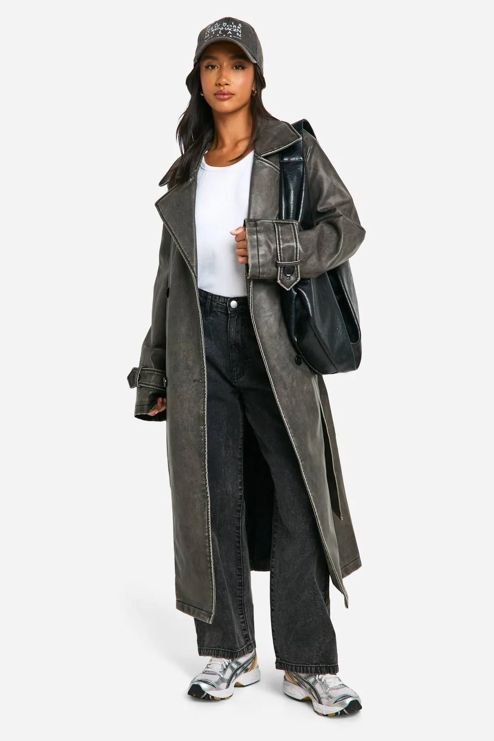Vintage Look Faux Leather Trench Coat by boohoo