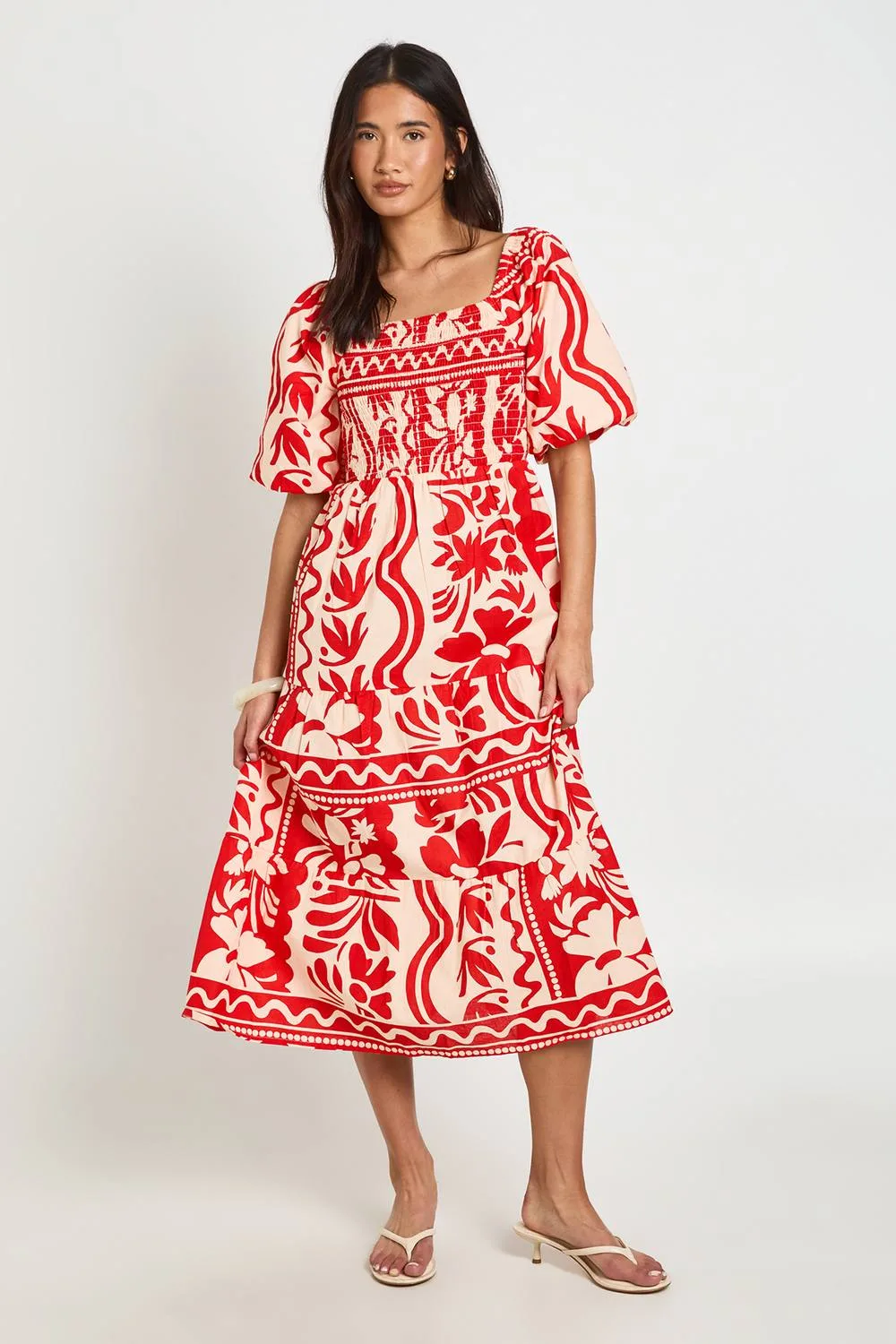 Floral Print Linen Look Volume Sleeve Tiered Midaxi Dress