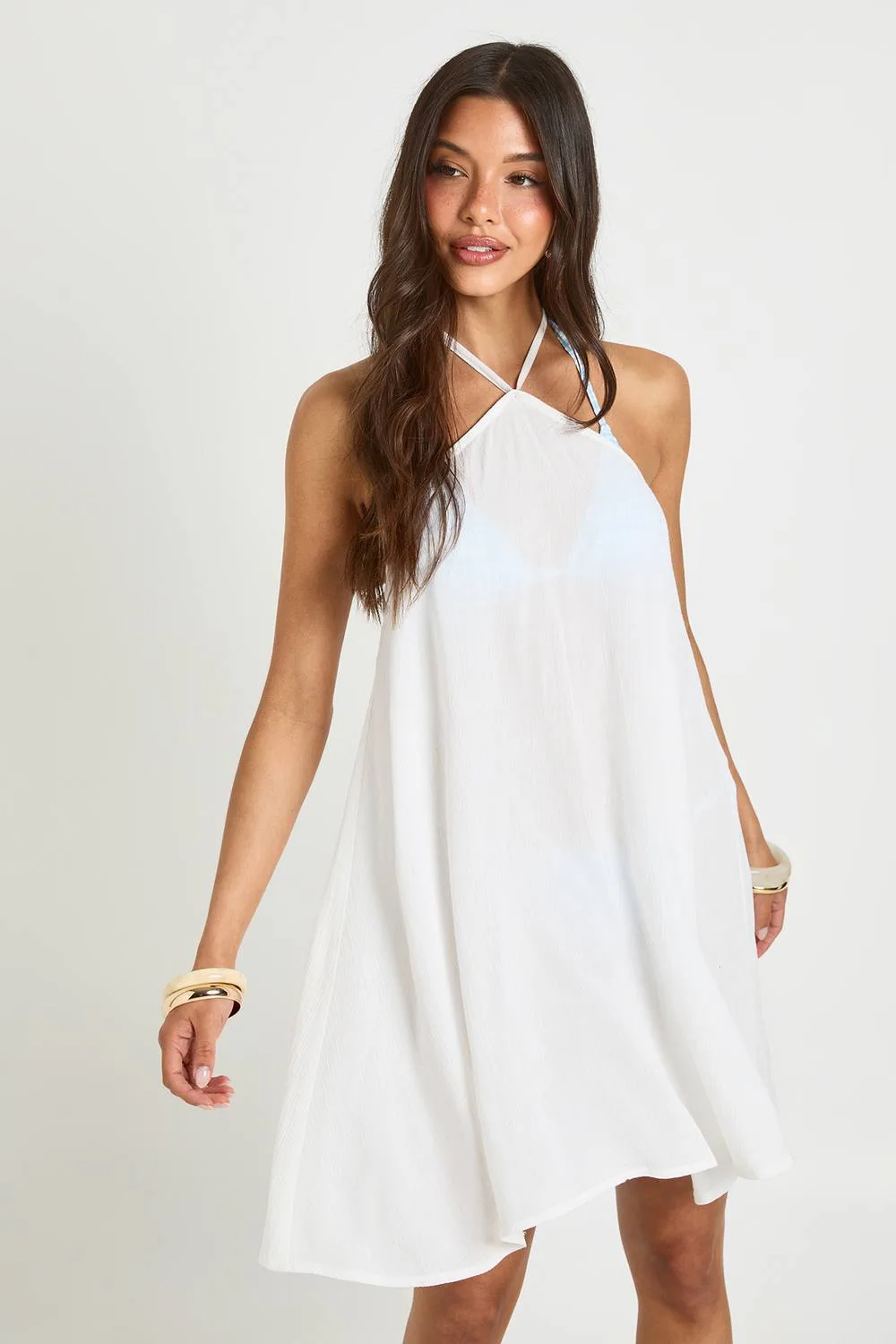 Cheesecloth Halter Mini Beach Dress by boohoo