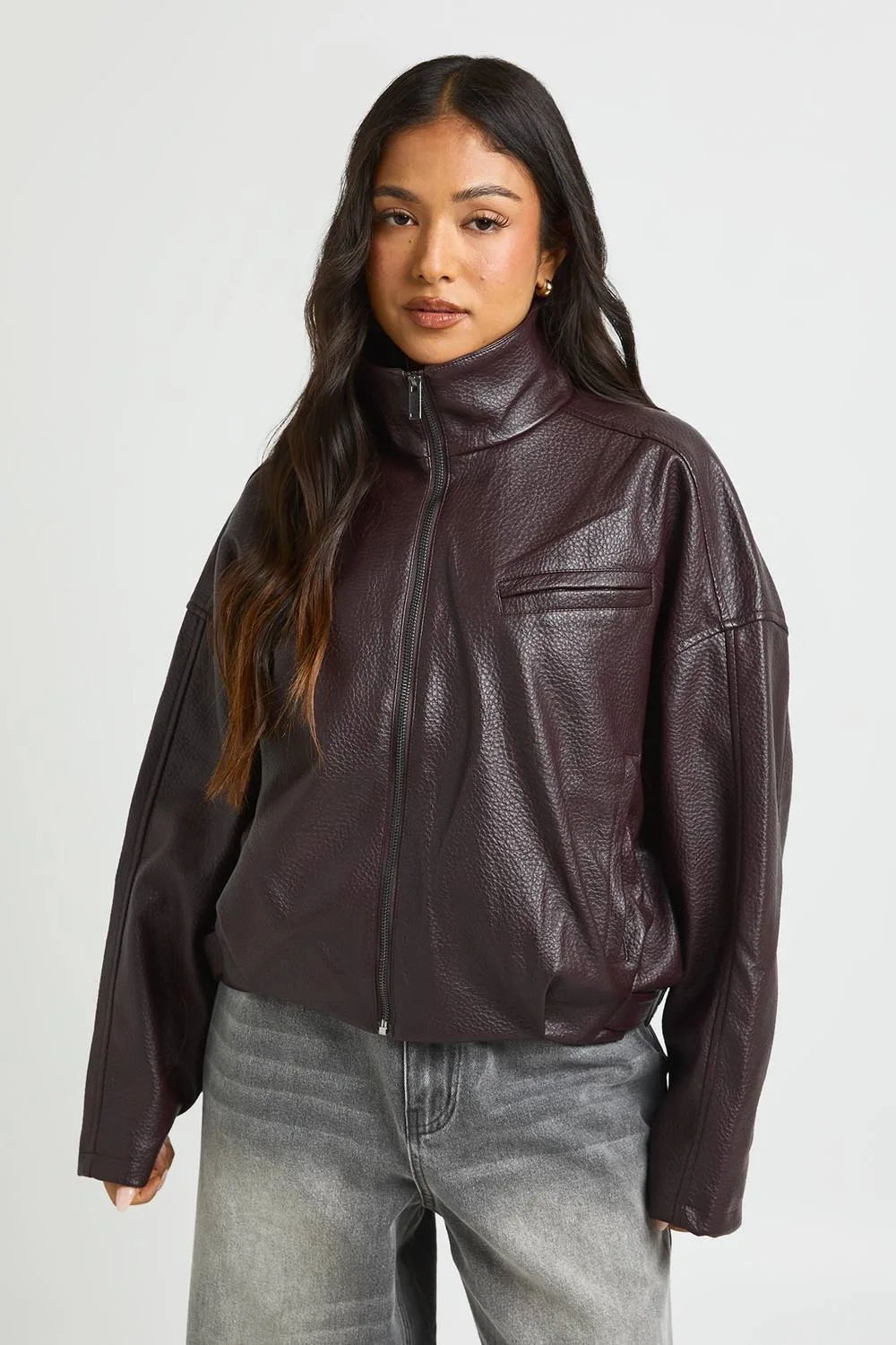 Pebbled Faux Leather Funnel Neck Hem Detail Bomber Jacket by boohoo
