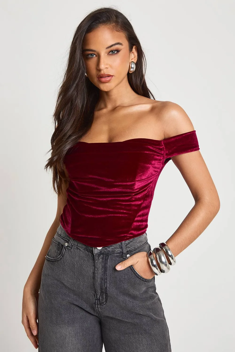 Velvet Bardot Corset Top by boohoo