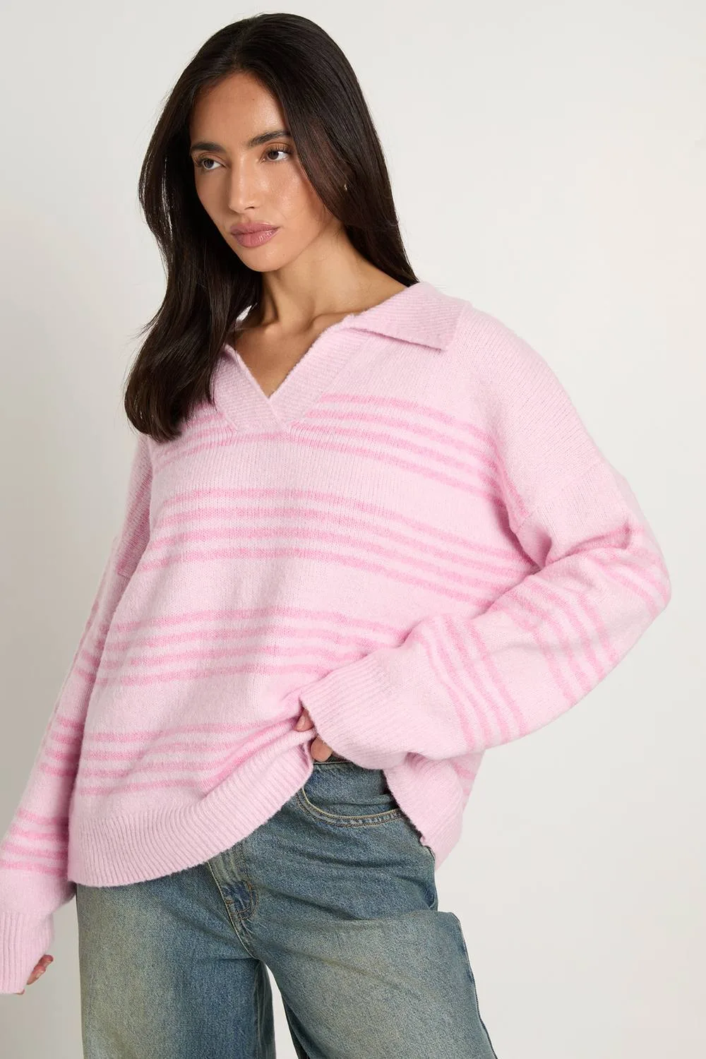 Soft Knit Stripe Polo Collar Jumper by boohoo