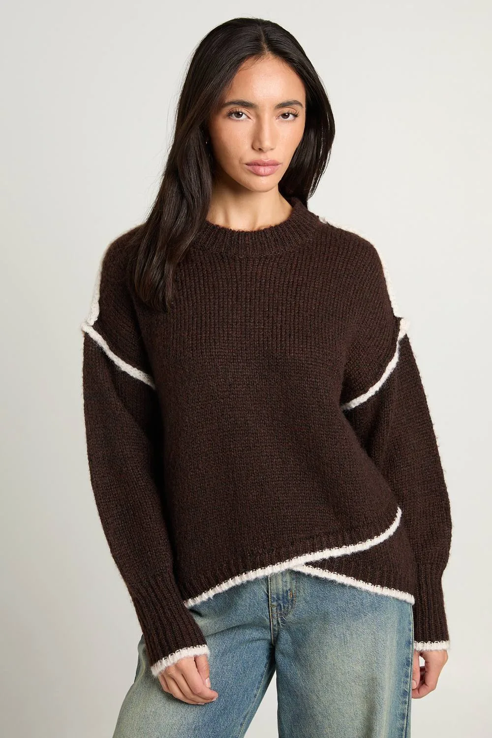 Asymmetric Hem Knitted Crew Neck Jumper by boohoo