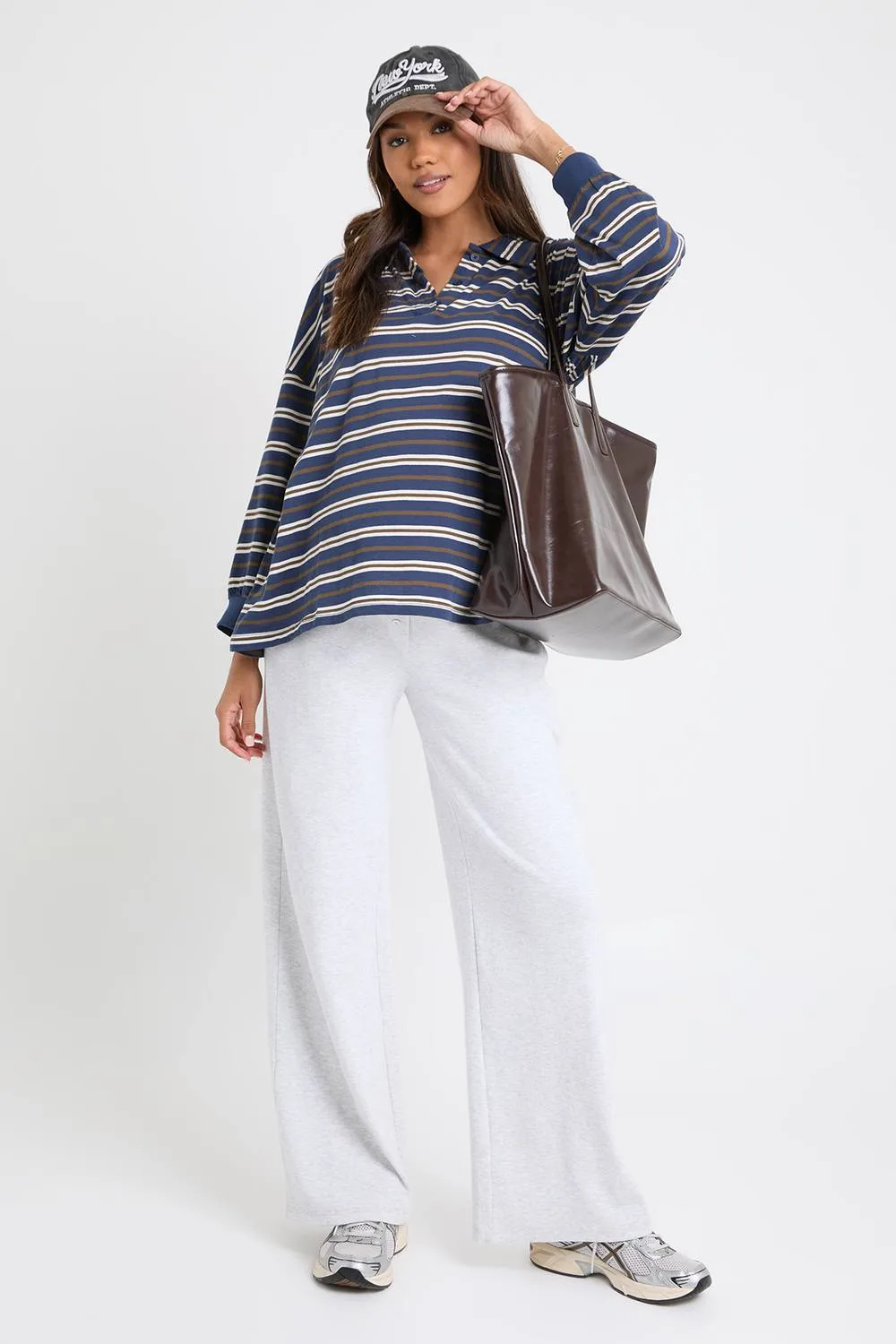 Maternity Striped Heavy Cotton Button Detail Collared Rugby Top by boohoo