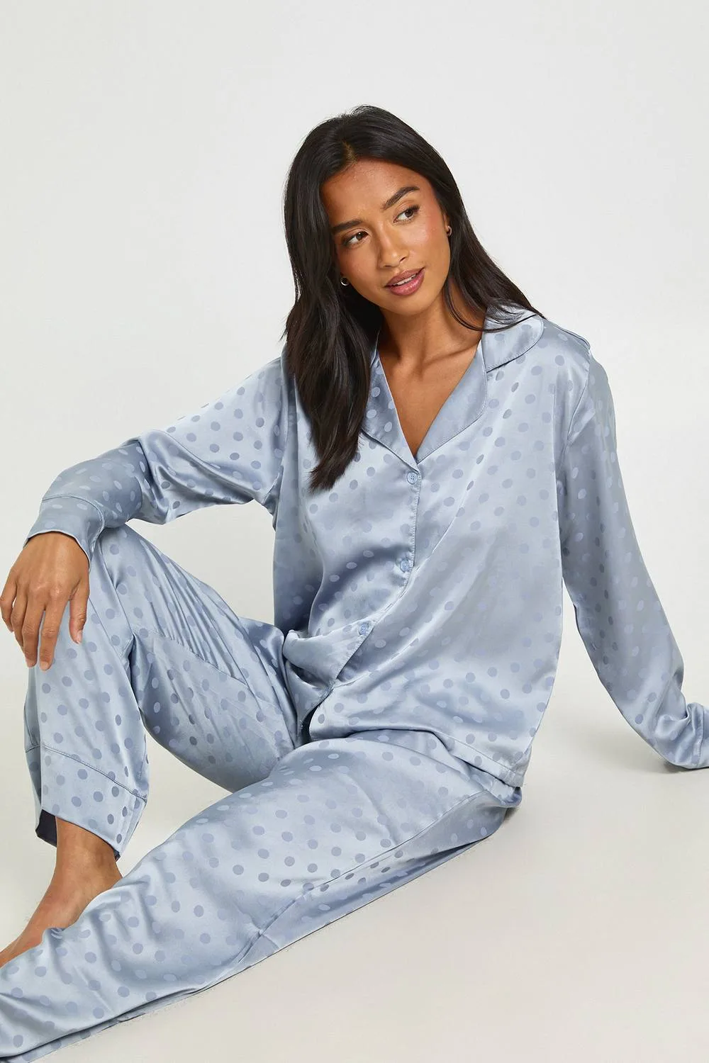 Polka Dot Jacquard Satin Long Sleeve Shirt & Trouser Pyjama Set by boohoo