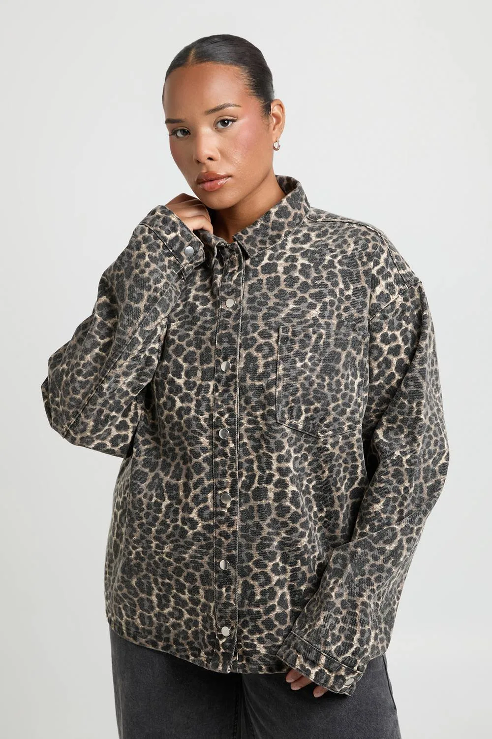 Oversized Denim Leopard Shirt by boohoo