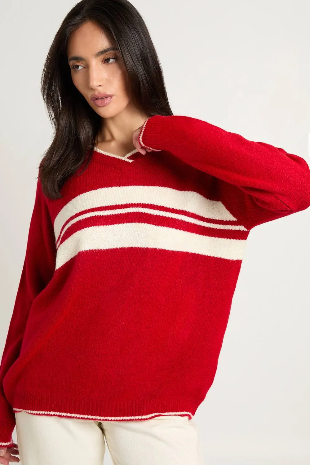 Stripe V-Neck Detail Jumper by boohoo