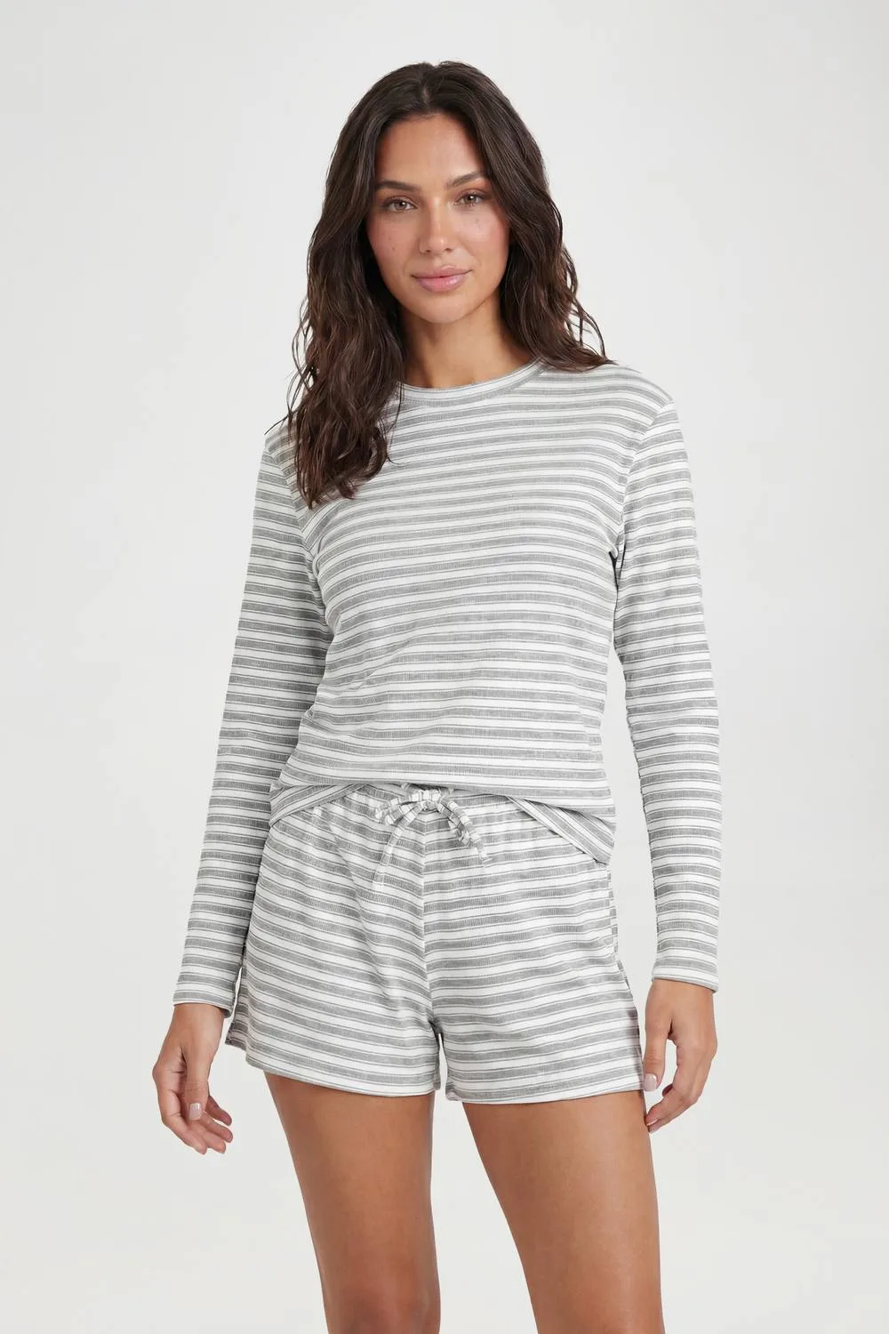 Ribbed Stripe Long Top & Short Pyjama Set by boohoo