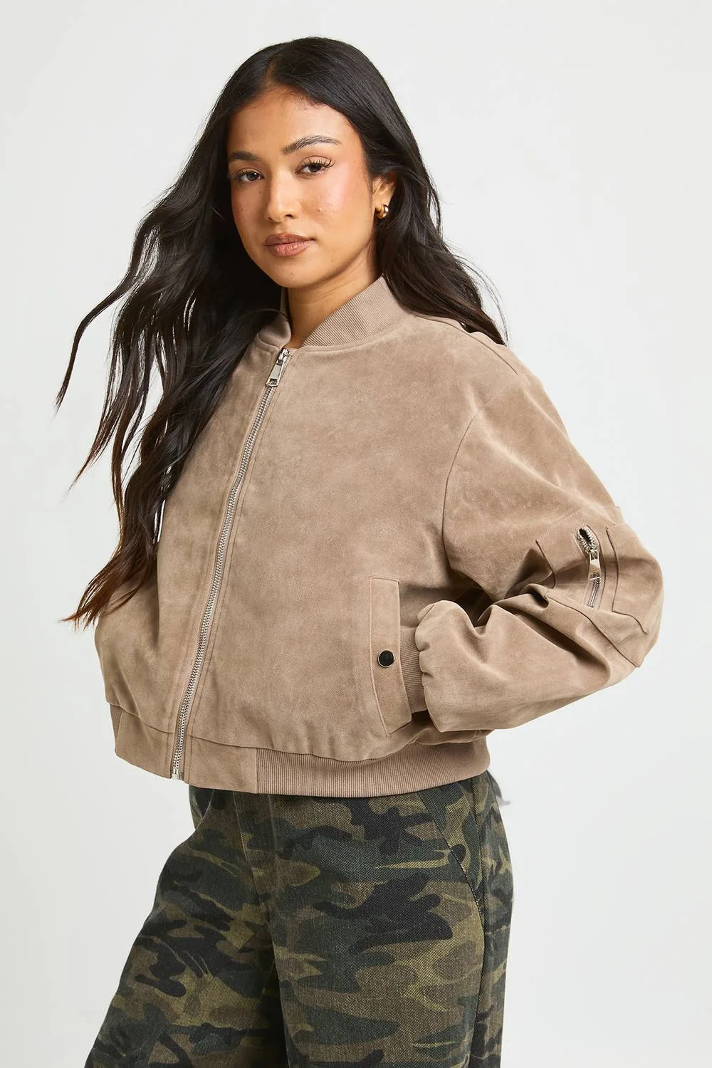 Suede Look Shoulder Pad Bomber Jacket - Stone