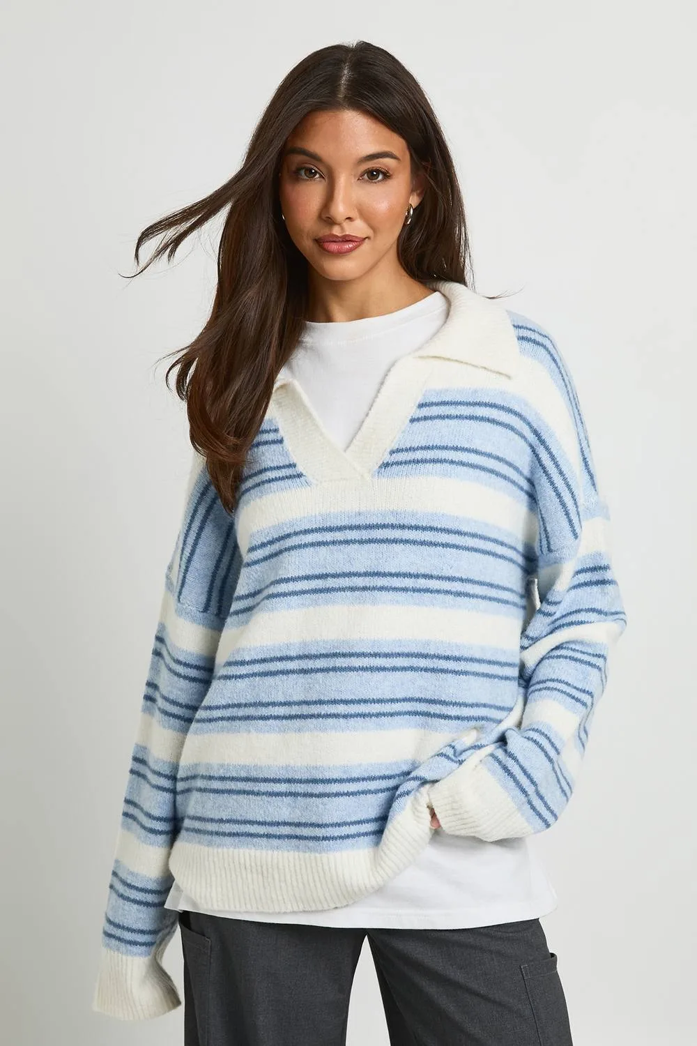 Soft Knit Stripe Polo Collar Jumper