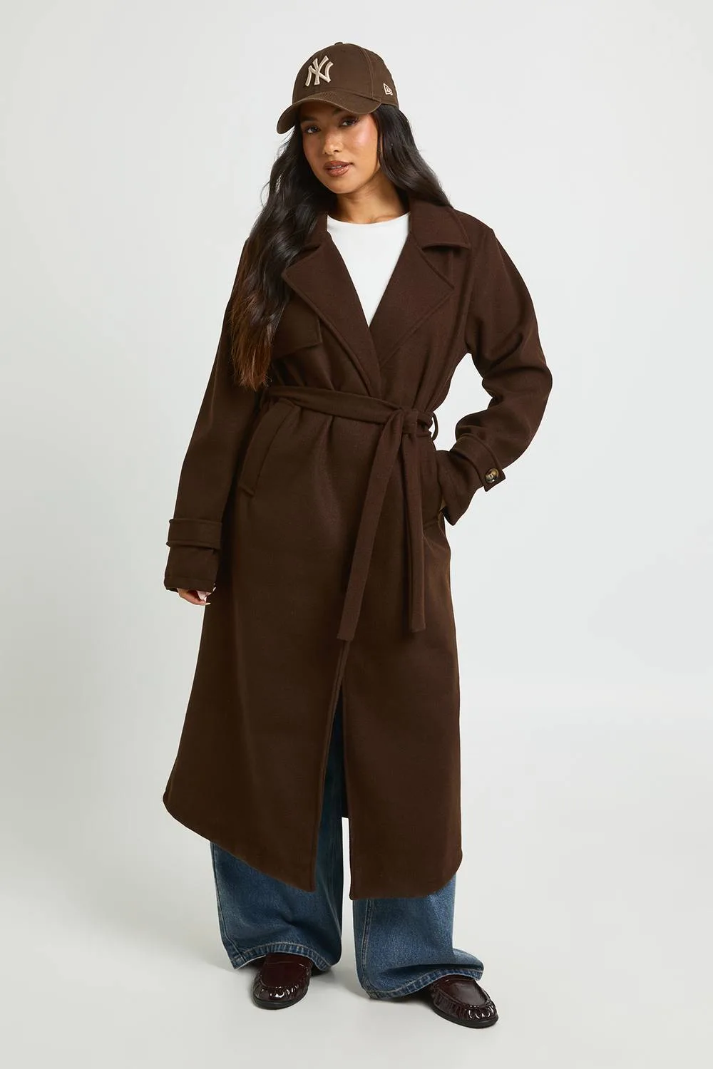 Belted Wool Look Trench Coat by boohoo