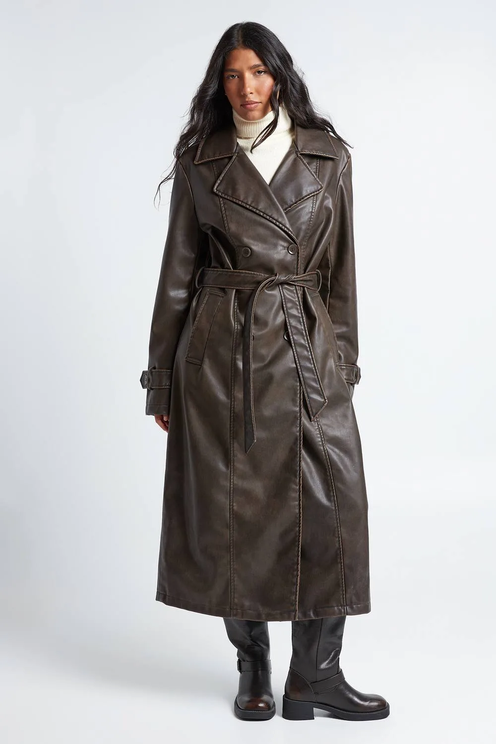 Vintage Look Faux Leather Trench Coat by boohoo