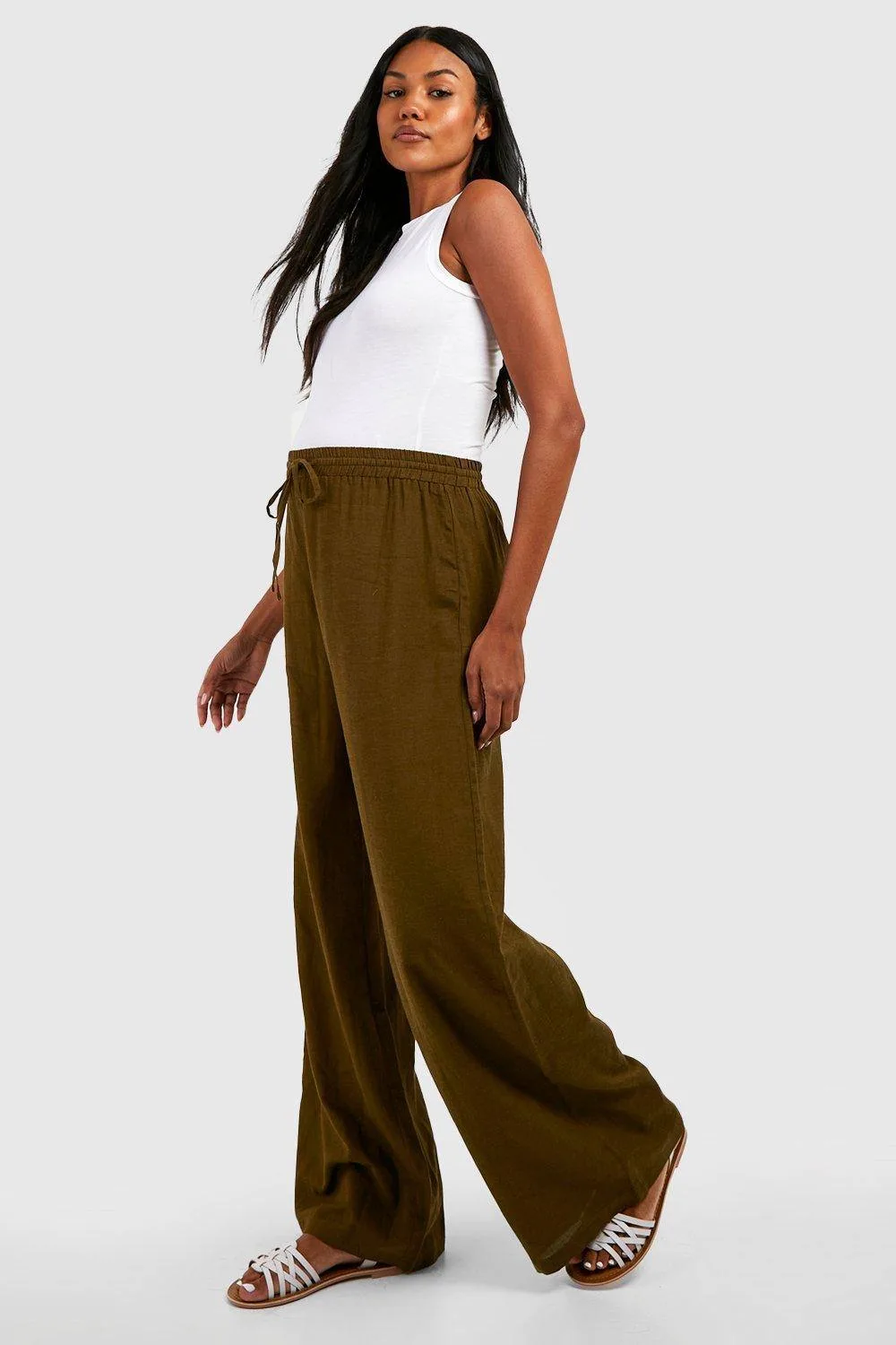 Maternity Linen Look Drawstring Wide Leg Trousers by boohoo