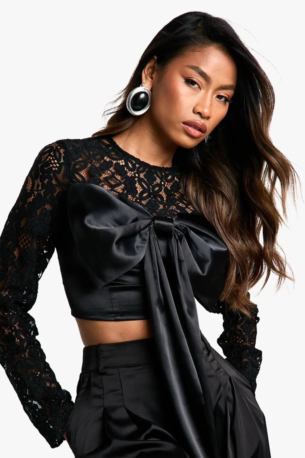 Lace & Satin Mix Bow Detail Crop Top
