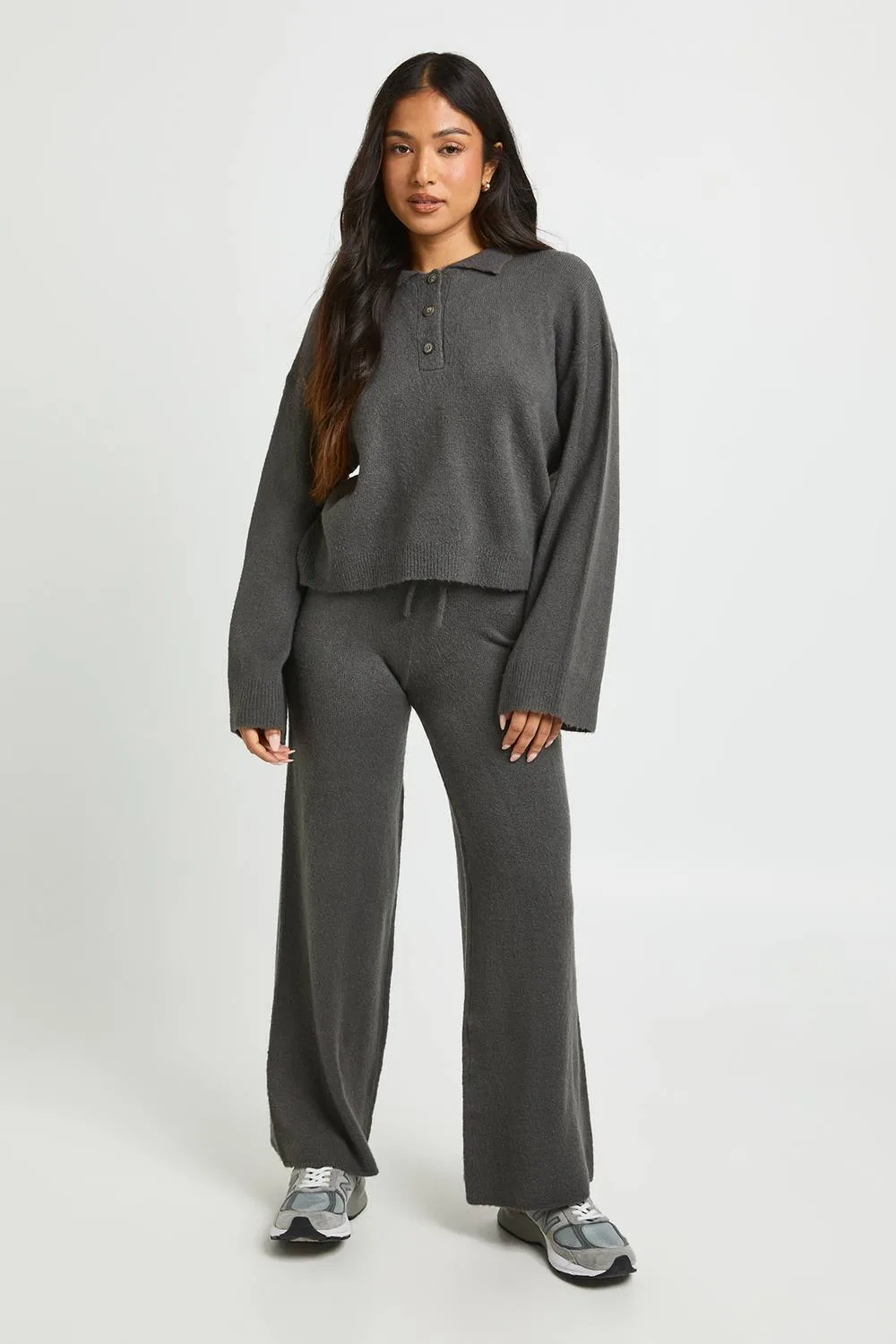 Collared Button Down Oversized Knitted Jumper & Straight Leg Trouser Co-Ord by boohoo