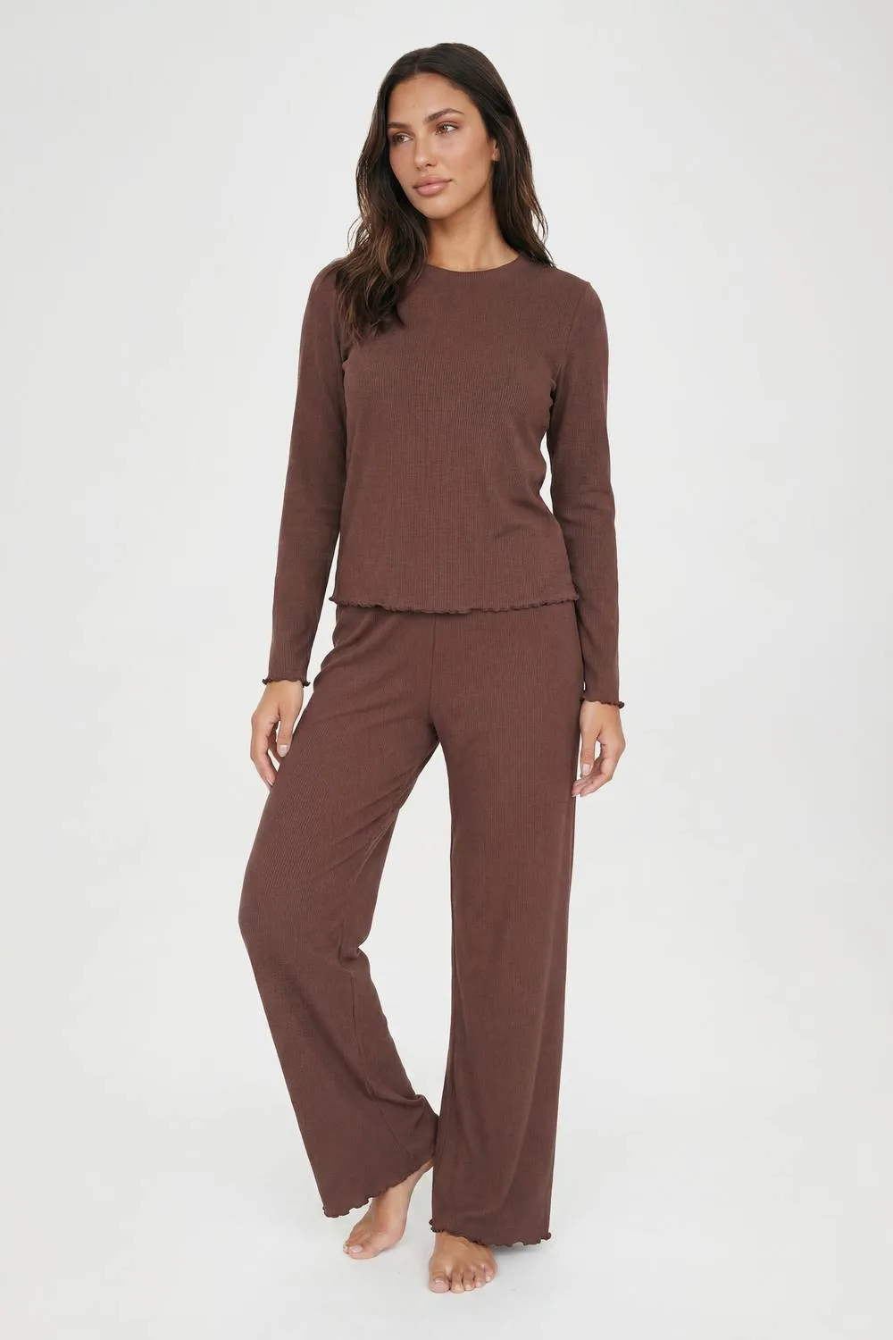 Lettuce Hem Ribbed Long Sleeve Top & Trouser Pyjama Set