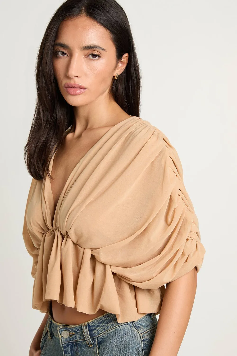 Super Ruched Mesh V Neck Top - Stone by boohoo