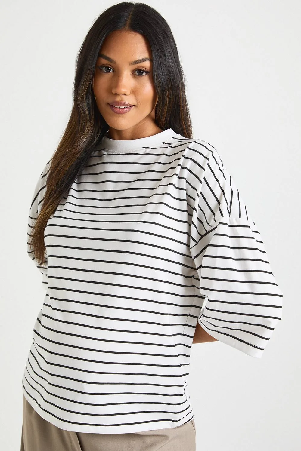 Maternity Crew Neck Stripe T-Shirt by boohoo